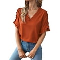 thumbnail image 2 of Womens Ruffle Short Sleeve Summer Tops Loose V Neck T-Shirt Dressy Casual Solid Blouses Orange S, 2 of 6