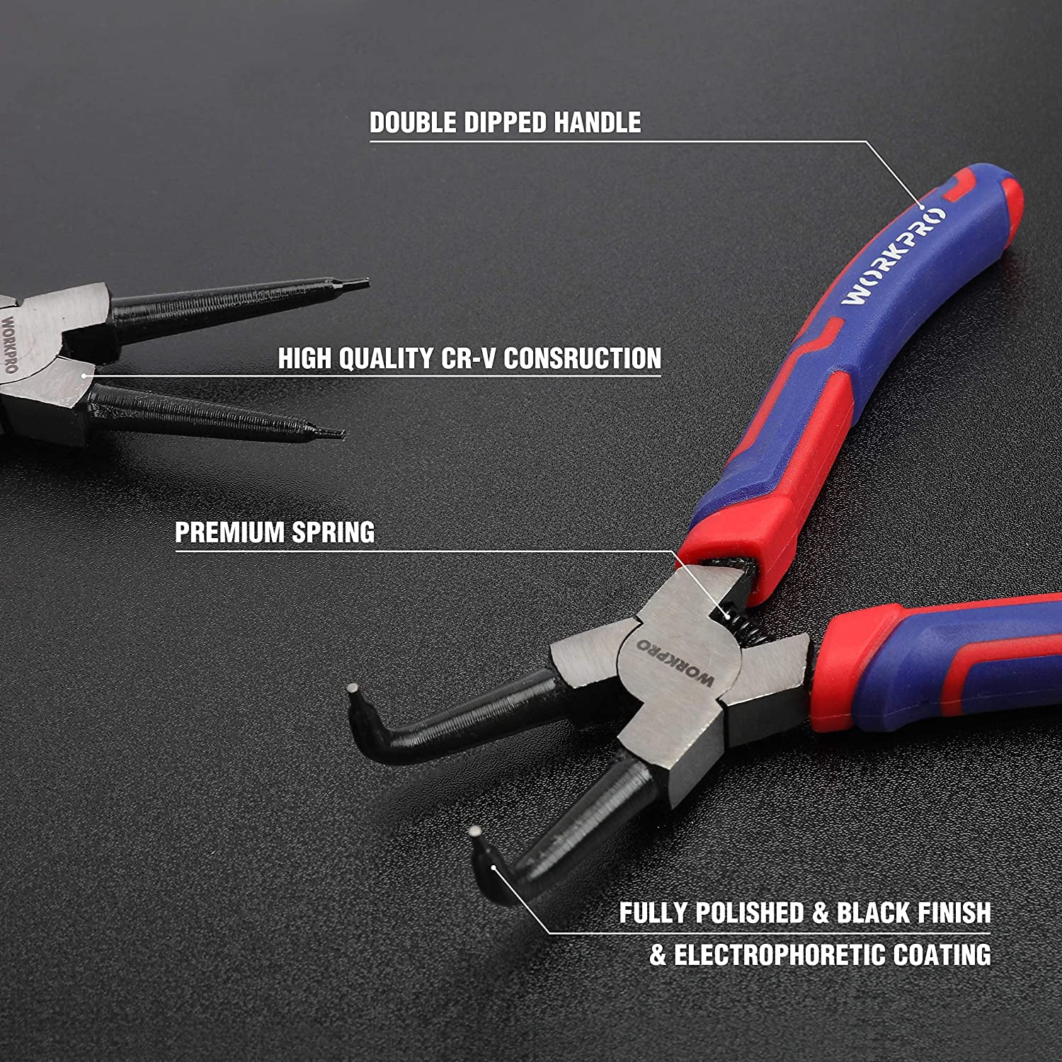 4-Piece Snap Ring Set - Heavy Duty 7-inch Internal/External Circlip Kit (Tip Diameter 5/64'')-Straight/Bent Jaw - Cr-V Steel - For Ring Remover Retaining- Storage Pouch Included
