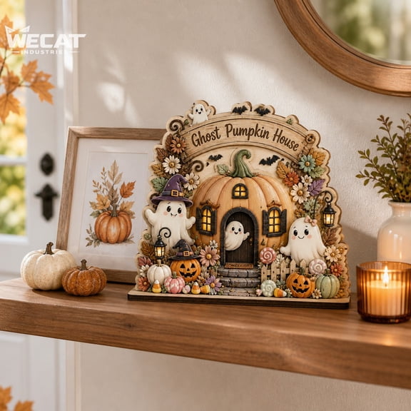 Wooden Block Cute Ghost Pumpkin House Wood Shelf Sitter for Halloween Decor