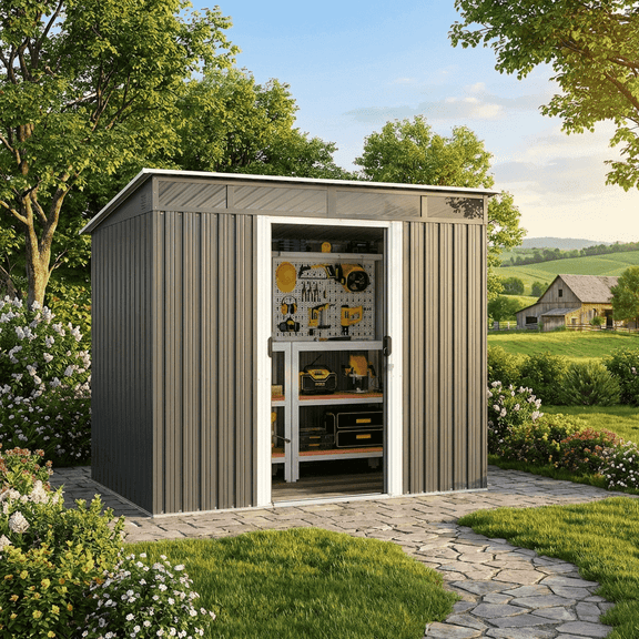 7.4'x5.3' FT Galvanized Steel Outdoor Storage Shed, Sliding Door Design, Multipurpose for Bike & Tool Storage - Gray