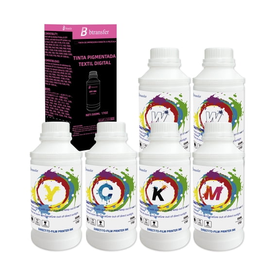 Premium Water-Based DTF Ink Refill Kit, High-Opacity White and CMYK Color, 500 mL Bottle, 6 Count