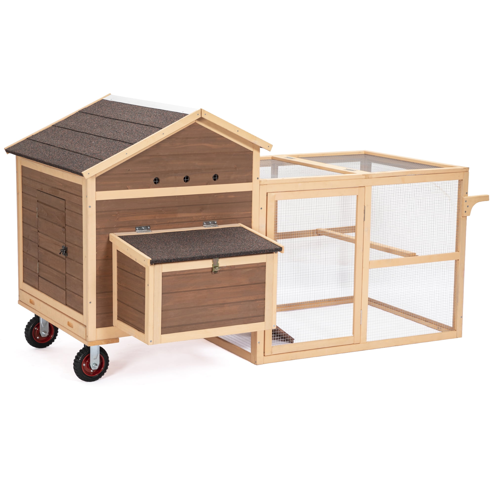Pefilos 80" Rabbit Hutches with Wheels and Handrails, Outdoor Hen House with Nesting Box, Rabbit Cages for Removable Bottom, Poultry Cage, Brown Pefilos 80" Rabbit Hutches with Wheels and Handrails, Outdoor Hen House with Nesting Box, Rabbit Cages for Removable Bottom, Poultry Cage, Brown