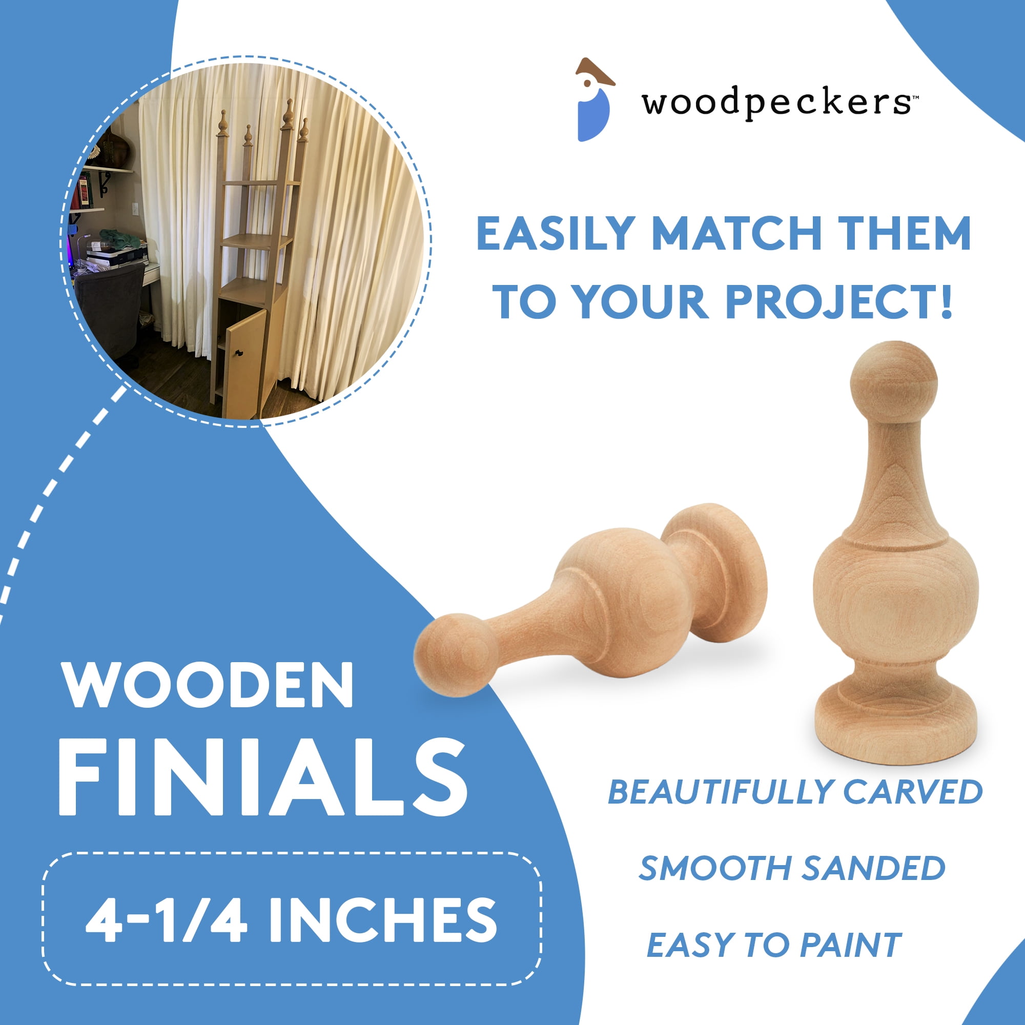 12ct Woodpeckers Crafts, DIY Unfinished Wood 4¼ Finial, Pack of 12 Natural