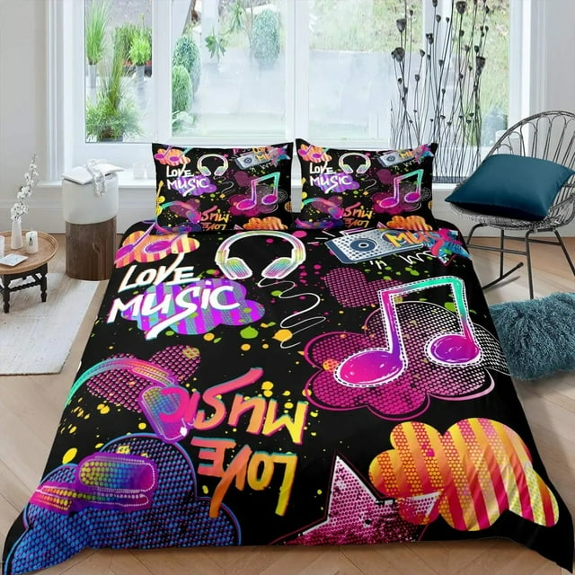 Housse de Couette Rock Musique Très Grand Ensemble de Literie Jazz Musique pour Adolescents Housse de Couette Graffiti Hip Hop Notes de Musique Polyester