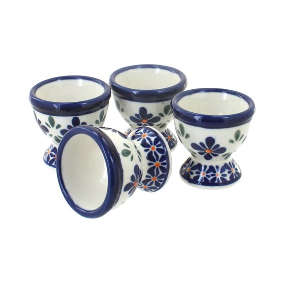 Blue Rose Polish Pottery Mosaic Flower Egg Cup Set