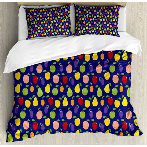Fruit Duvet Cover Set King Size, Continuous Pattern of Various Colorful Juicy Pear Plum Peach Apple Apricot, Decorative 3 Piece Bedding Set with 2 Pillow Shams, Dark Blue Multicolor, by Ambesonne