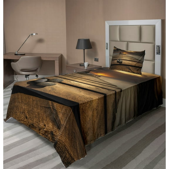 Ambesonne Coastal Fitted & Top Sheet Set with Sham, Black Sea at Dusk Pier, Brown Yellow Grey