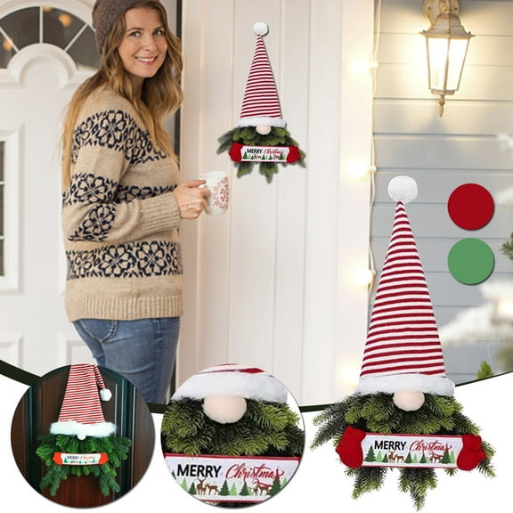 SDJMa Christmas Gnome Wreath, 17x30Inch Hanging Santa Claus Sign with Artificial Pine Spruce, Swedish Tomte Wreath for Indoor Outdoor Xmas Home Porch Front Door Decoration