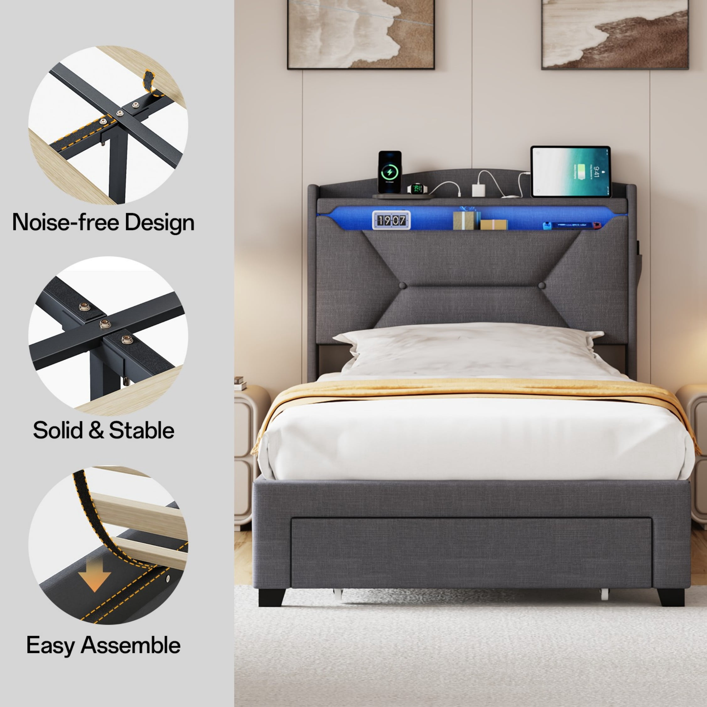 BSHTI Dark Gray Linen Twin Bed Headboard with LED Lights & USB Charging Station – Multi-Storage Upholstered Headboard with Open Shelves & Hidden Compartment – Easy Installation