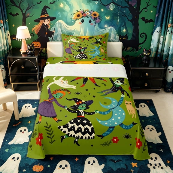 Manfei Halloween Festival Twin Sheets 3pcs, Cartoon Witch Cat Flower Bedding, Green Red Orange,1 Fitted Sheet, 1 Flat Sheet and 1 Pillowcase
