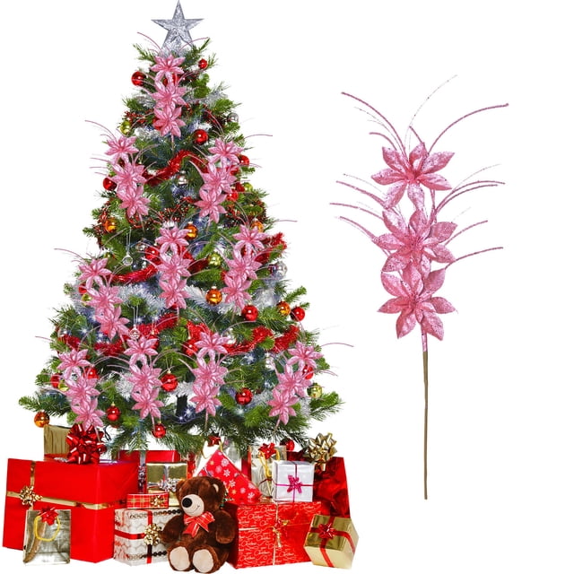 Ramilletes Navideños Largos de 80 Cm (32 Pulgadas) con Polvo Dorado, Flores, Lentejuelas y Bayas. Decoración Navideña Reutilizable. Material: Plástico Rosa Intenso. Peso: 68 G (0,14 Lb). | Sku: Lhy25