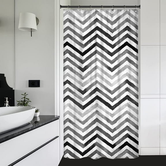 Black White Grey Stall Small Half Size Shower Curtain 36x72 Inch Chevron Herringbone Ombre Striped Geometric Single Narrow Walkin Standing Dorm Decor Fabric Bathroom Polyester Waterproof