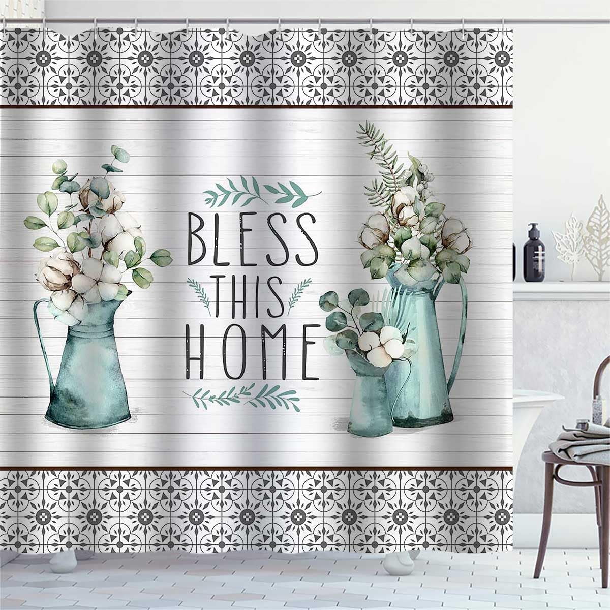 Cotton Flower Shower Curtain, Farmhouse Shower Curtain, Country Flower Eucalyptus Teal Shabby Chic Vase Wooden Barn Rustic Bathroom Decor, Waterproof Fabric White Shower Curtain, 72 X 72 Inch