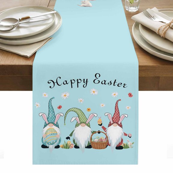 Happy Easter Table Runner - 70 Inch Long, Kitchen Dining Table Runner Dresser Scarves, Cute Gnomes Eggs Spring Daisy Flowers Blue Farmhouse Decor for Coffee Tables Wedding Party Banquet