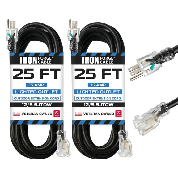 Iron Forge Cable 2 Pack 12 Gauge Outdoor Extension Cord 25 Ft, SJTOW 12/3 Heavy Duty Extension Cord 3 Prong - Oil Resistant & Flame Retardant