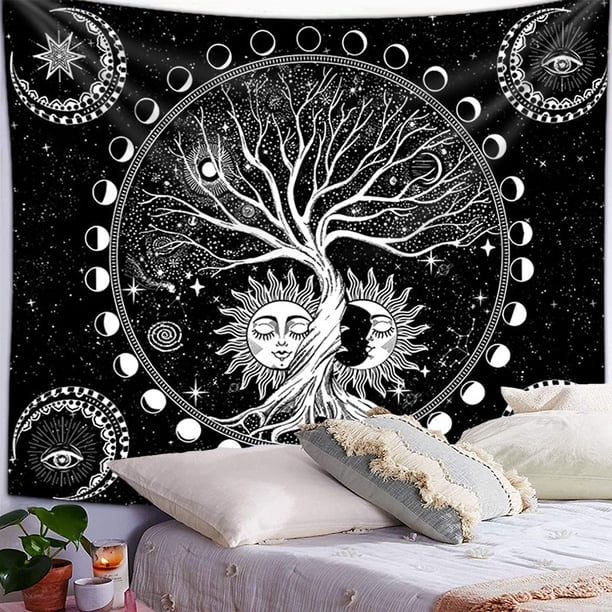 Decoración Pared Lunas Sol Tapiz De Pared Árbol De La Vida Con Fases Lunares - Diseño Blanco Y Negro, 100% Poliéster, Para Sala O Dormitorio Panel Pared Sol Luna Estrellas