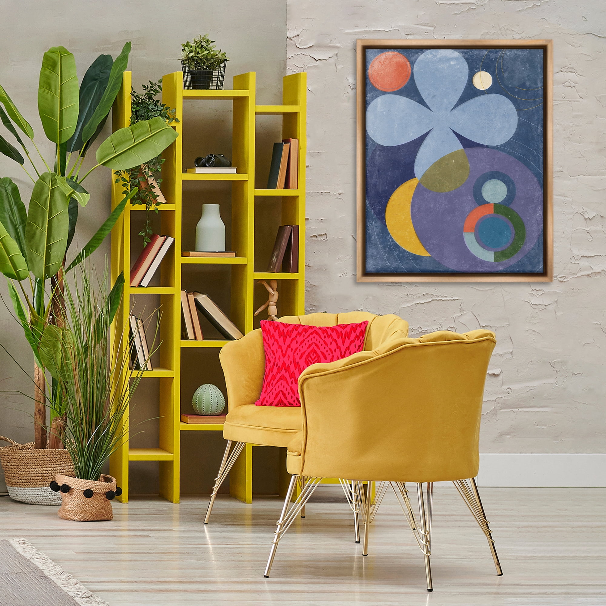 Stupell Industries Blue Retro Curved Shapes Abstract Painting Brown Floater Framed Canvas Art Print Wall Art, 25 x 31