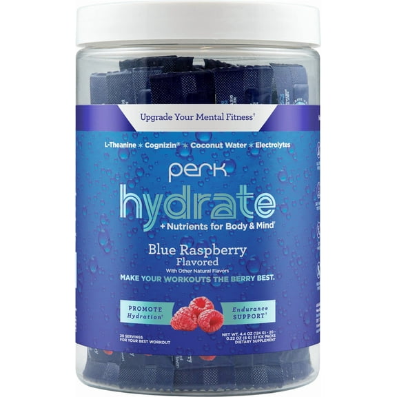 Perk Hydrate Electrolyte Stickpacks Blue Raspberry Flavored (20 Packets) - Coconut Water, CDP-Choline, L-Theanine, Gluten-Free