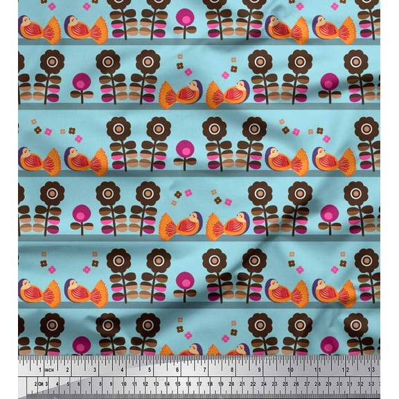 Soimoi Poly Georgette Fabric Stripe,Bird & Floral Clip Art Print Fabric by Yard 42 Inch Wide