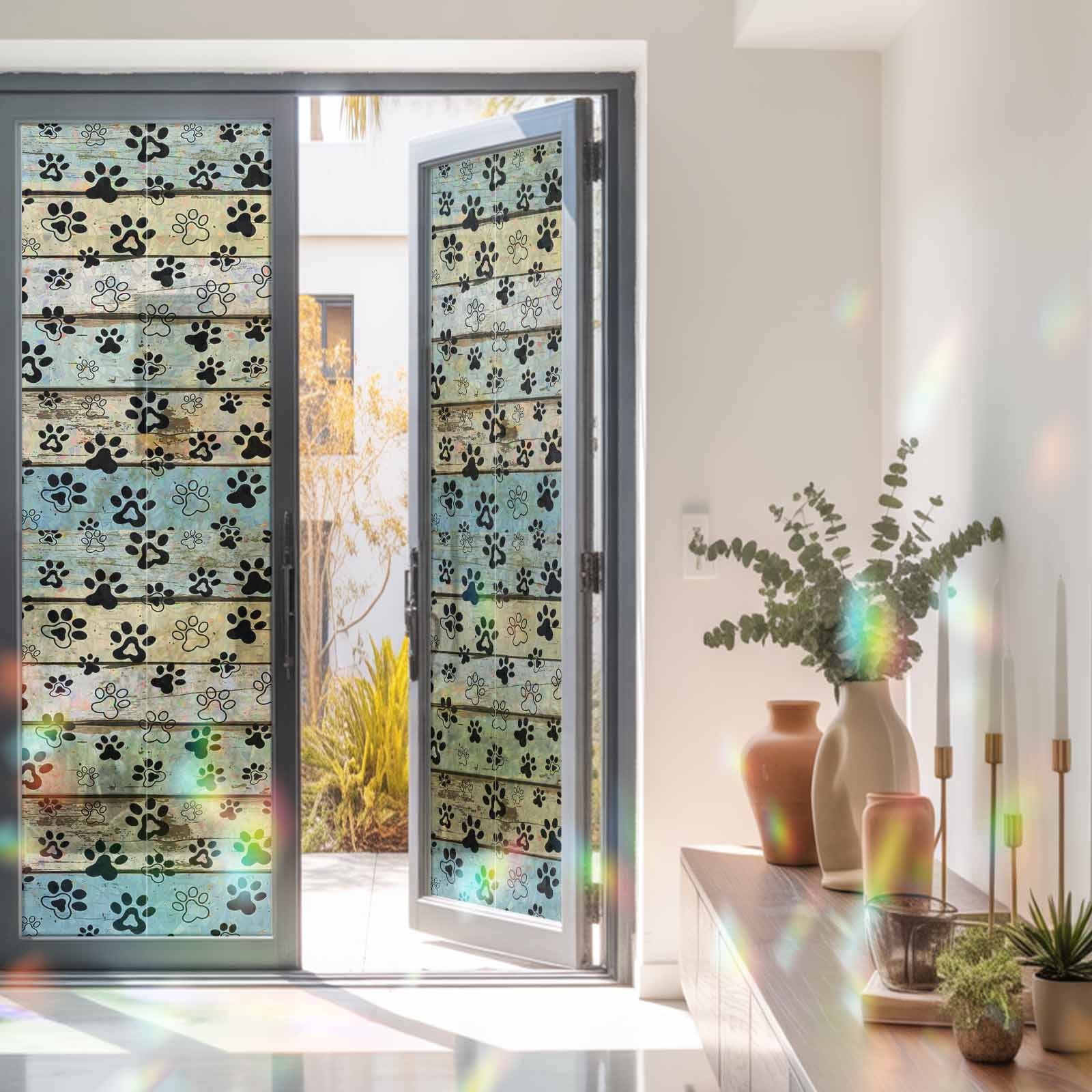 Teal Brown Paw Prints Window Privacy Film Rainbow Static Cling Stain Glass Window Film for Glass Door, Decorative Sunroof Decal Sticker for Car Bathroom 23.6"x78.7" Vintage Farmhouse Wooden Grain