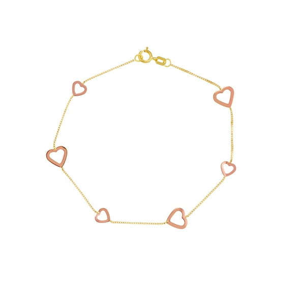 14k Yellow and Rose Gold Box Chain Bracelet R G Alternating Small Large Open Love Heart 7.50 Inch Link Bracelet for Wome