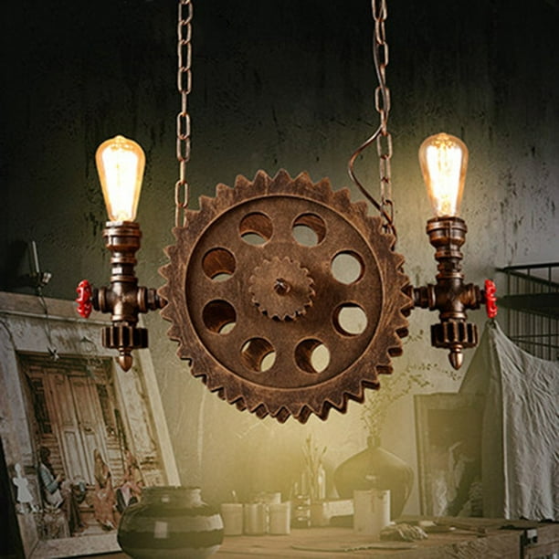 2-Lights Gear Wheel Pendant Light Retro Industrial Bronze Chandelier