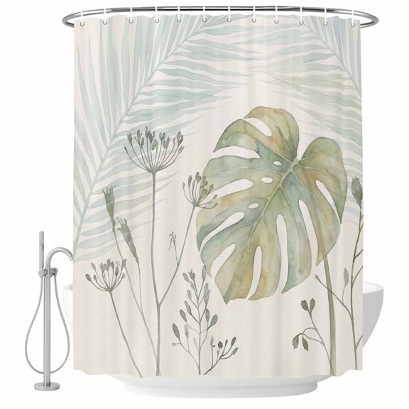Summer Palm Leaves Shower Curtain, Waterproof Shower Curtains for Bathroom, Green Botanical Tropical Plant Washable Fabric Bathtub Curtain Set Bath Decor with 12 Hooks Extra Long 72"x96"