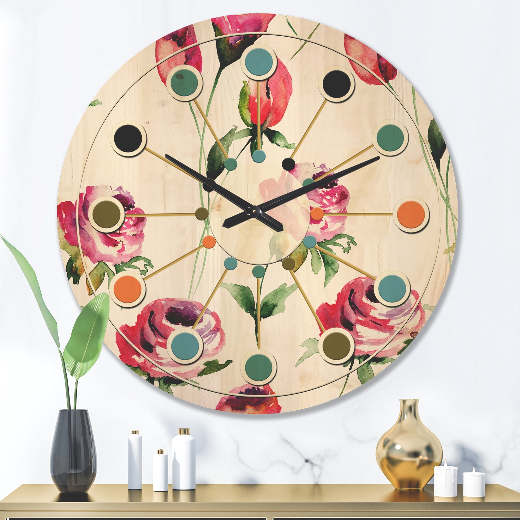 Designart 'Roses Flowers Pattern On White' Mid-Century Modern Wood Wall Clock