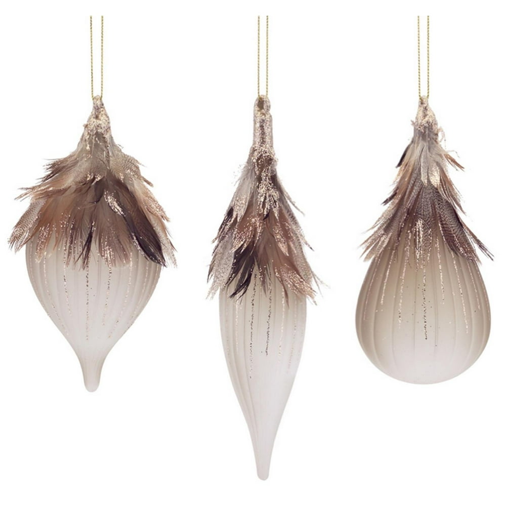 Pack of 6 Elegant Frosted Glass Drop and Bronze Feather Christmas