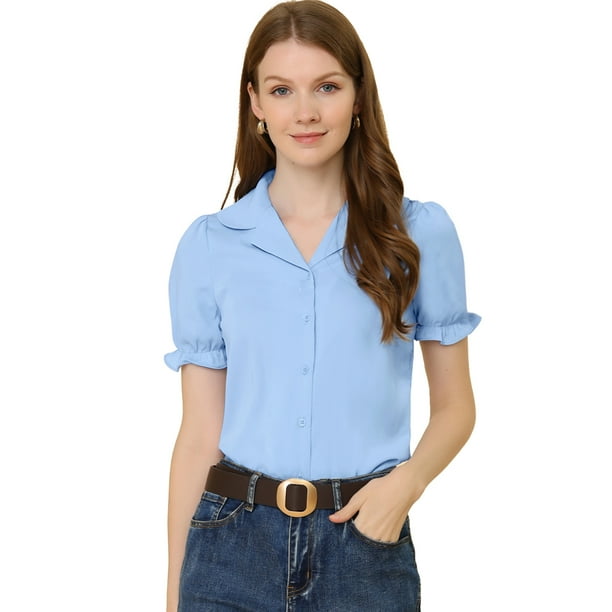 Camisa de Trabajo Allegra K de manga corta con Botones para Mujer Azul XS