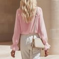thumbnail image 3 of Women's Retro Ruffle Edge V-Neck Long Sleeve Pullover Top Lightweight Solid Color Casual Loose Blouse Fashion Daily Vacation Streetwear Shirt, Pink Size S, 3 of 6