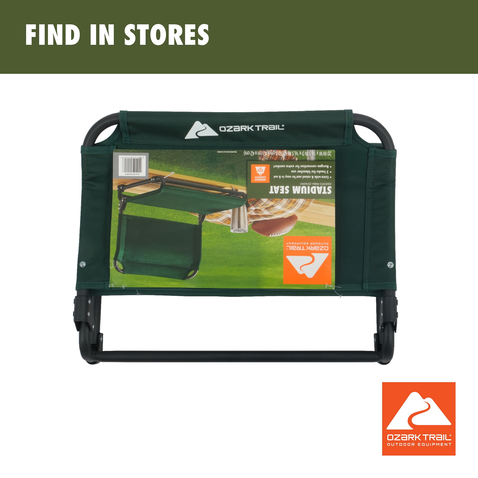 Ozark Trail Stadium Seat, Extra-Wide with Bleacher Hooks, Bungee Comfort, Dark Green