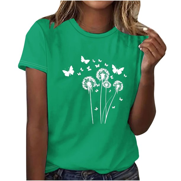 Tops de Manga Corta de Algodón para Mujeres, Moda Impresa Cuello Redondo Blusa Casual para el Hogar Y el Uso Diario