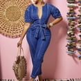 thumbnail image 6 of Lisingtool Overalls Women Denim Women's Slim Denim Long Jumpsuit Deep V Neck Denim Puff Sleeves Belted Tapered Jumpsuits for Women Dressy Blue, 6 of 8