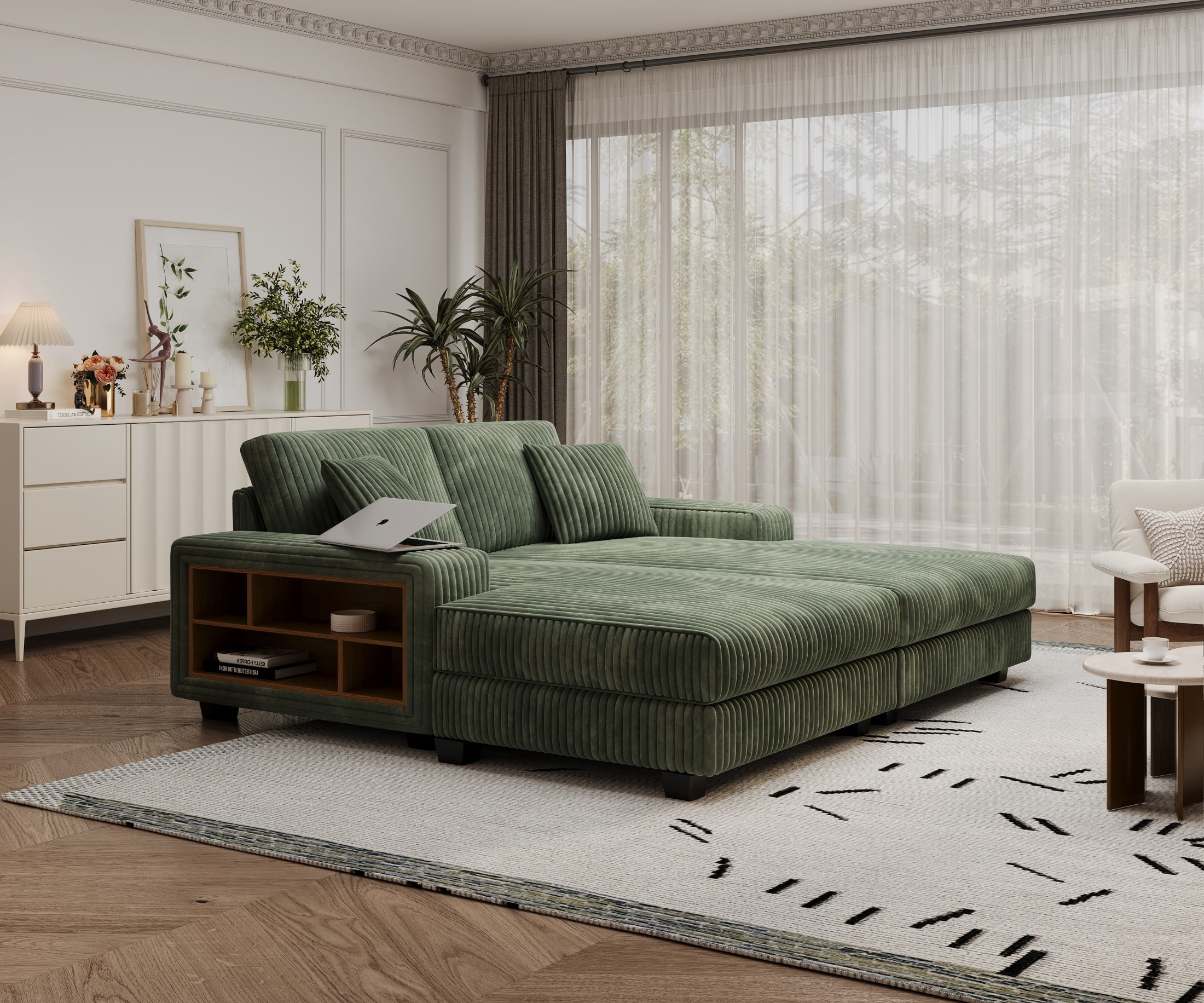 Aukfa 79.5" Oversized Double Chaise Lounges Sofa, Plush Corduroy Sectional with Storage Armrests, Memory Foam Loveseat Sleeper Sofa Couch for Living Room/Bedroom, Green