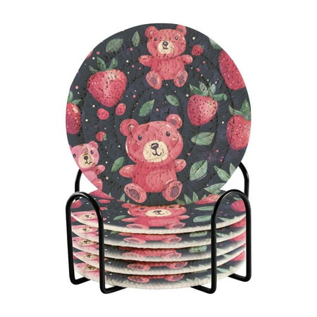 

Coil Coasters Set of 6，Cute Strawberry Bear3.94-inch diameter printed on one side non-slip heat-insulating moisture-wicking home accessory.