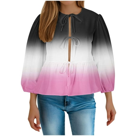 BUIgtTklOP no boundaries Womens Tie Bow Front Peplum Tops Babydoll Long Sleeve Summer Stripe Ruffle Blouse Lace Up Plus Size Shirts