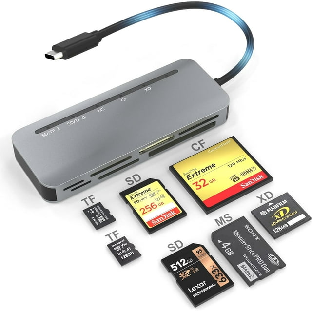 shiyou-USB C 7 in 1 SD Card Reader Multi Memory Card Reader, USB C 3.1 Card Hub Adapter 5Gbps Read 5 Cards Simultaneously, CF Card Reader Supports SD/TF/XD/SDHC/SDXC/Micro SD/MMC/Micro SDXC/MS Pro Du