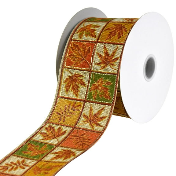 Homeford Autumn Leaves Quilt Boxes Faux Linen Wired Ribbon, 2-1/2-inch, 10-yard, Natural