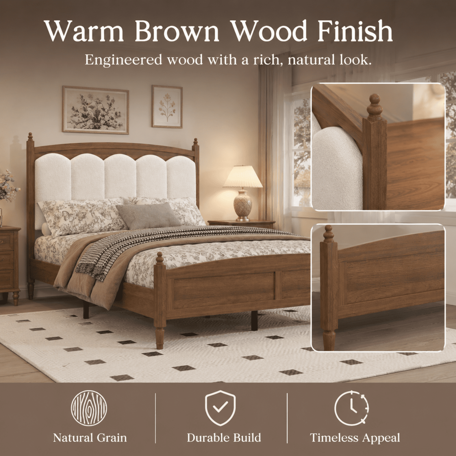 Miniyam Queen Size Farmhouse Engineered Wood Platform Bed Frame with Upholstered Headboard, Brown