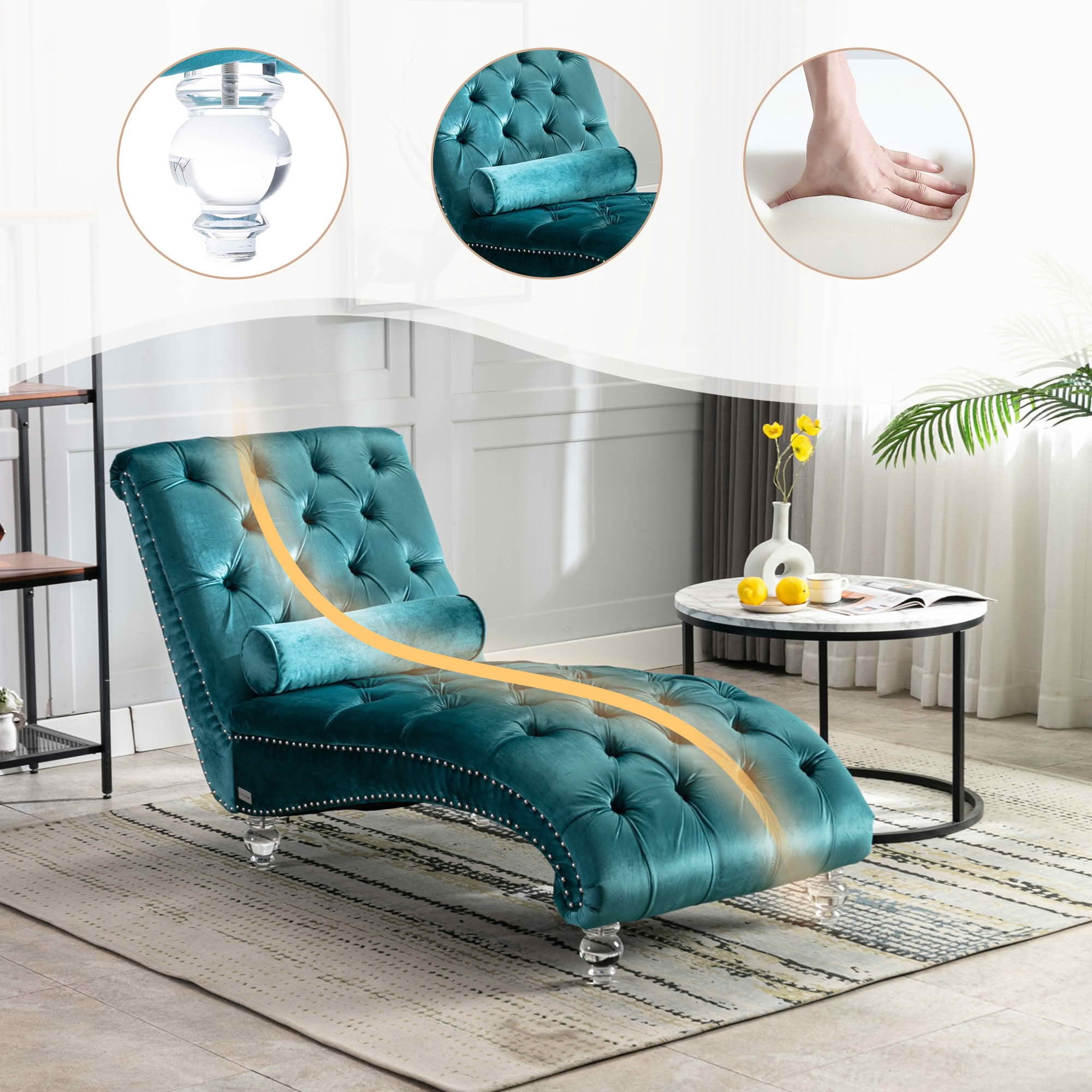 MAYEERTY Velvet Button Tufted Chaise Lounge with Pillow, Ergonomic S-Shape Indoor Lounge Chair with Wood Frame Acrylic Legs for Bedroom Living Room Office
