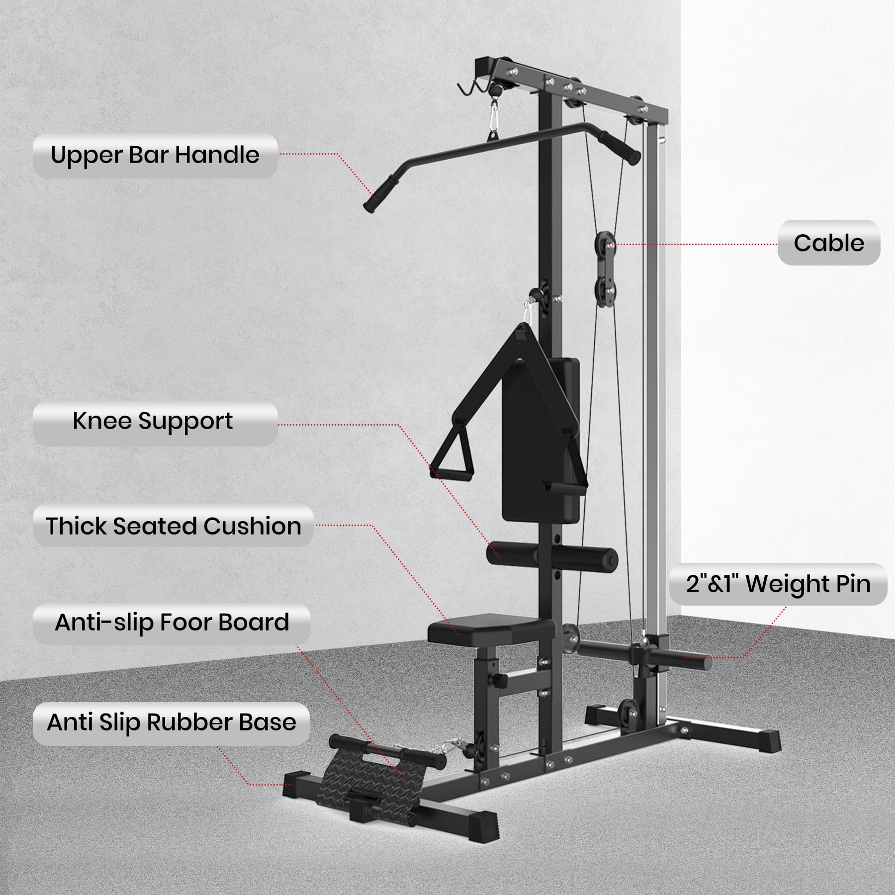 Multi-Functional Lat Pulldown Machine Home Gym Cable System with High & Low Pulley Adjustable Seat 400-500LB Capacity Full Body Strength Training Equipment