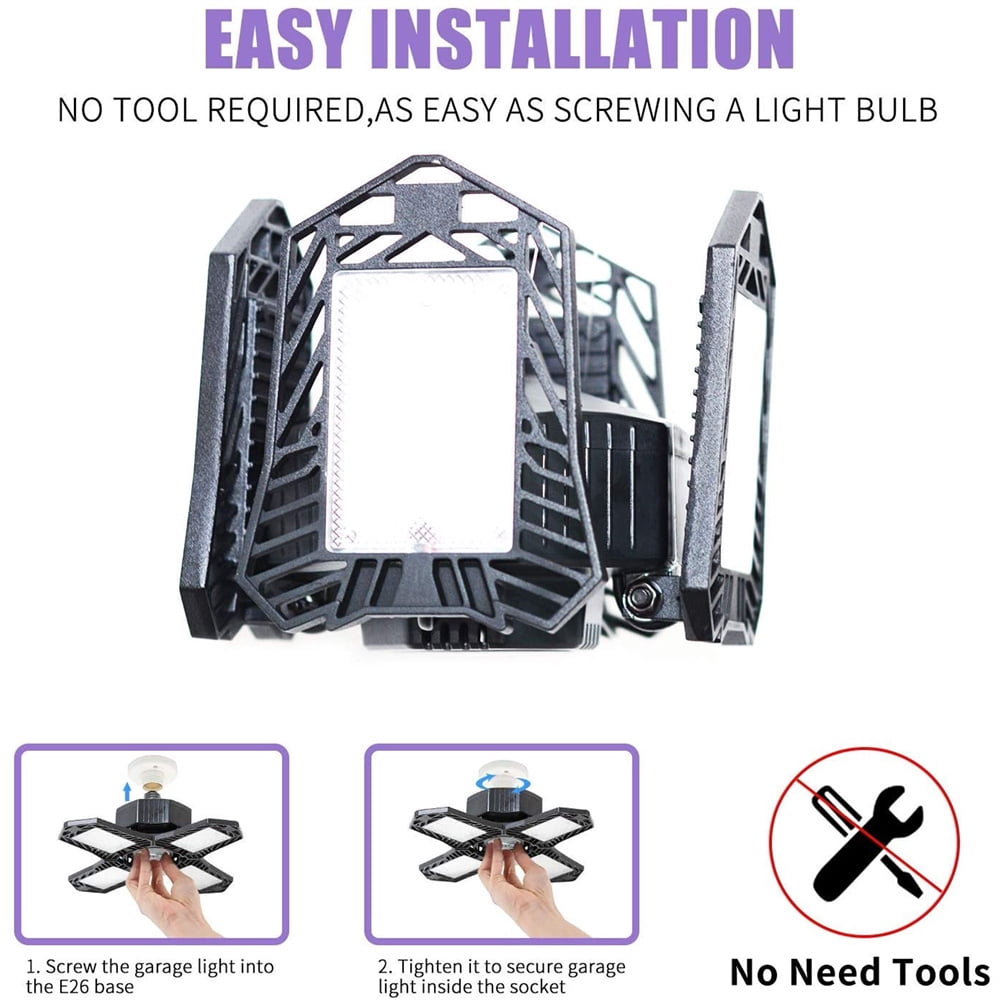 FZFLZDH LED Garage Light 150W, 15000Lm E26/E27 Deformable Shop lamp with 4 Adjustable Panels, 6000K Retractable LED Ceiling Light for Garage, Warehouse(Black)
