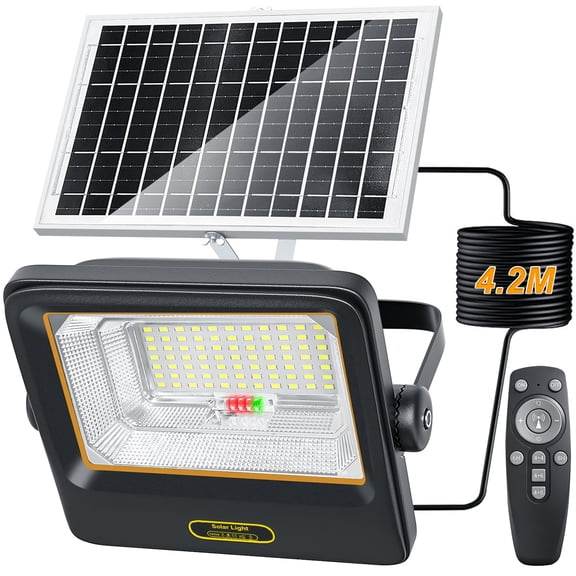 Indmird 100W Motion Sensor Outdoor Solar Flood Lights IP67 Waterproof 8000mAh Solar Powered Security, 5 Modes Dimmable Floodlight with 13.78Ft Cable&Remote for Yard Garden Patio