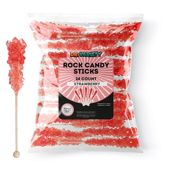 Red Rock Candy Sticks, Red Strawberry Sugar Flavor, 24 Pack, Bulk Individually Wrapped Edible Crystal Sticks for Party Favors, Weddings, Bridal and Baby Showers, By Dr. Variety