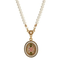 1928 Jewelry Pearly Eden 4mm Faux Pearl Strand Pink Rose Enamel Pendant Necklace For Women 14" 3" Extender