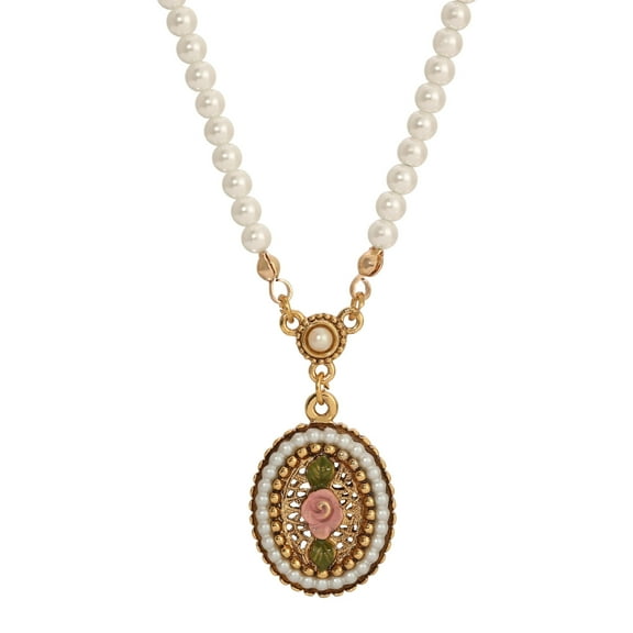 1928 Jewelry Pearly Eden 4mm Faux Pearl Strand Pink Rose Enamel Pendant Necklace For Women 14"   3" Extender