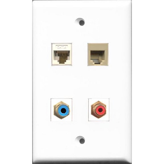 RiteAV 1 Port RCA Red and 1 Port RCA Blue and 1 Port Phone RJ11 RJ12 Beige and 1 Port Cat6 Ethernet White Wall Plate