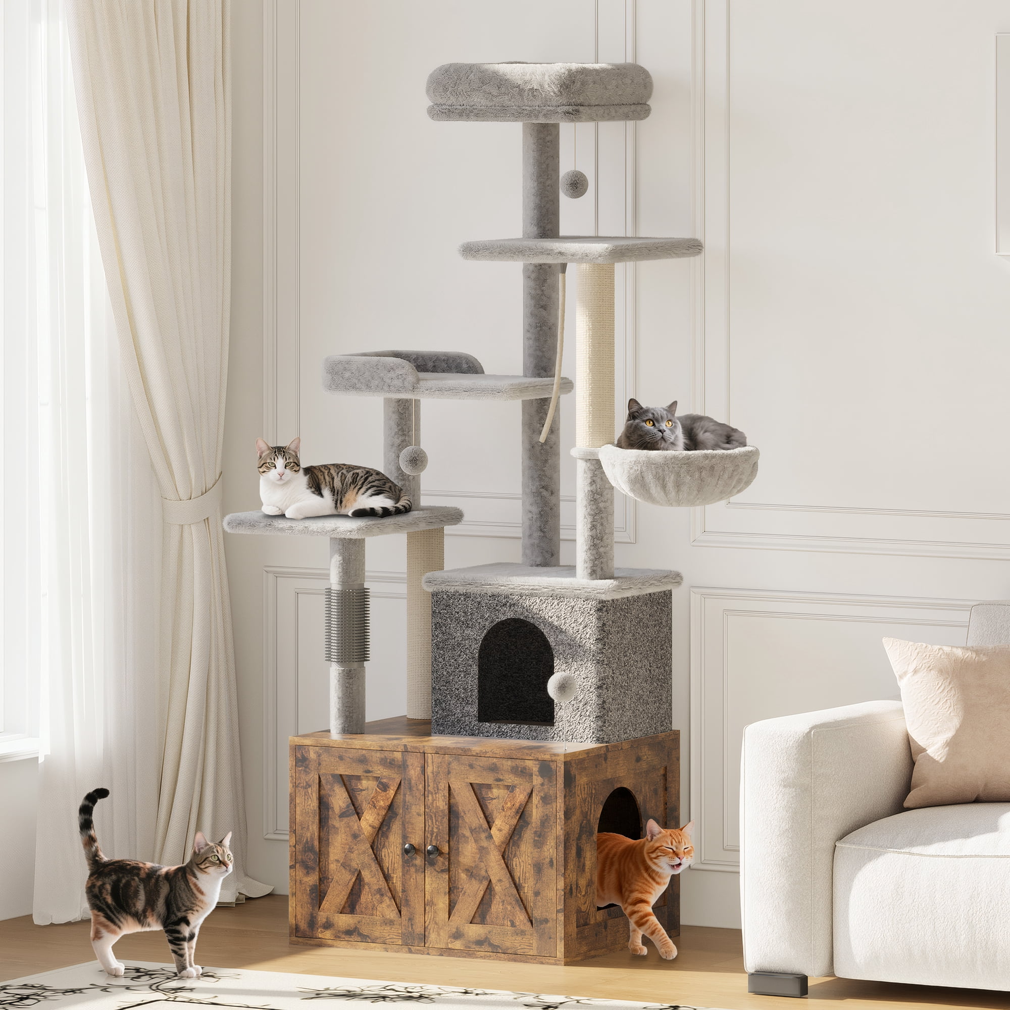 Accreate 2-in-1 Cat Tree with Hidden Litter Box Enclosure, Multi-Level Cat Tower with Scratching Post and Dangling Balls, Spacious Hammock, Indoor Cat Condo