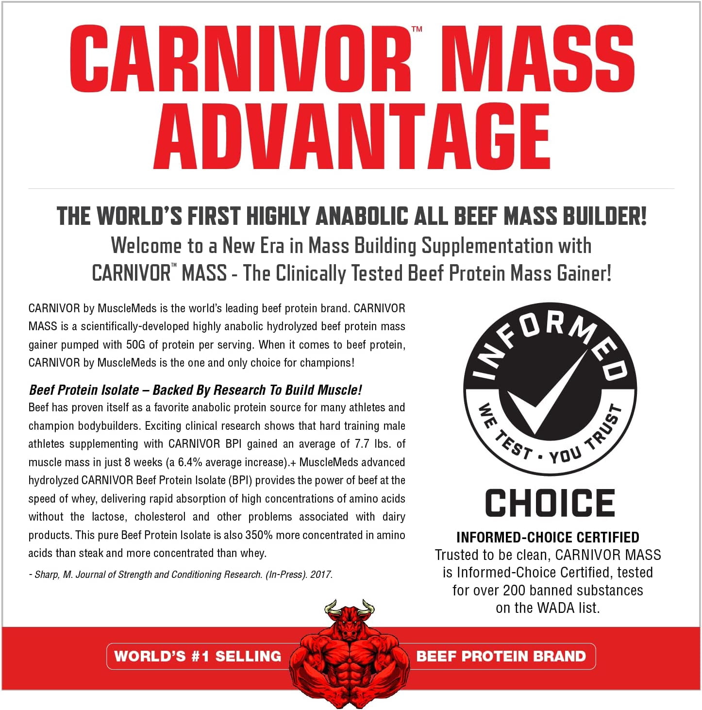 MuscleMeds Carnivor Mass Gainer – 50 g Beef Protein Isolate & 125 g Reactive Carbs – Sugar‑Free, Fat‑Free, Lactose‑Free – Chocolate Peanut Butter, 6 lb